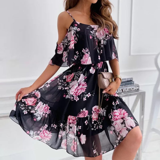 Women's Floral Print Ruffle Dress | Off-Shoulder Summer Midi