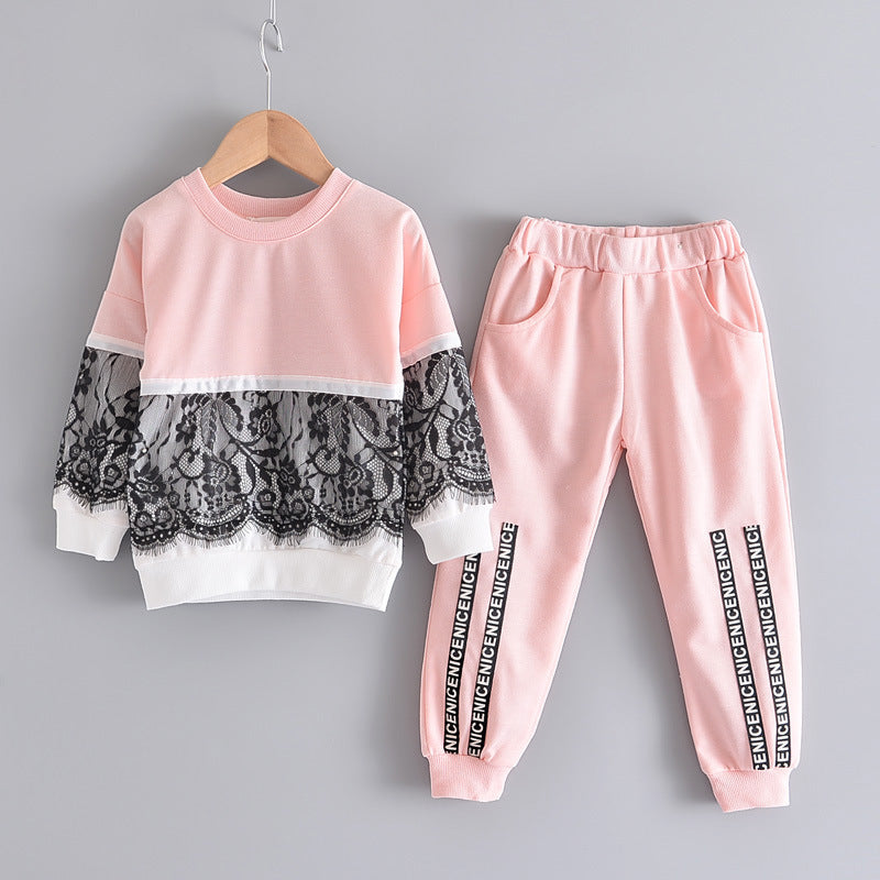 Girls' Lace-Trim Sweatshirt & Trousers Two-Piece Set